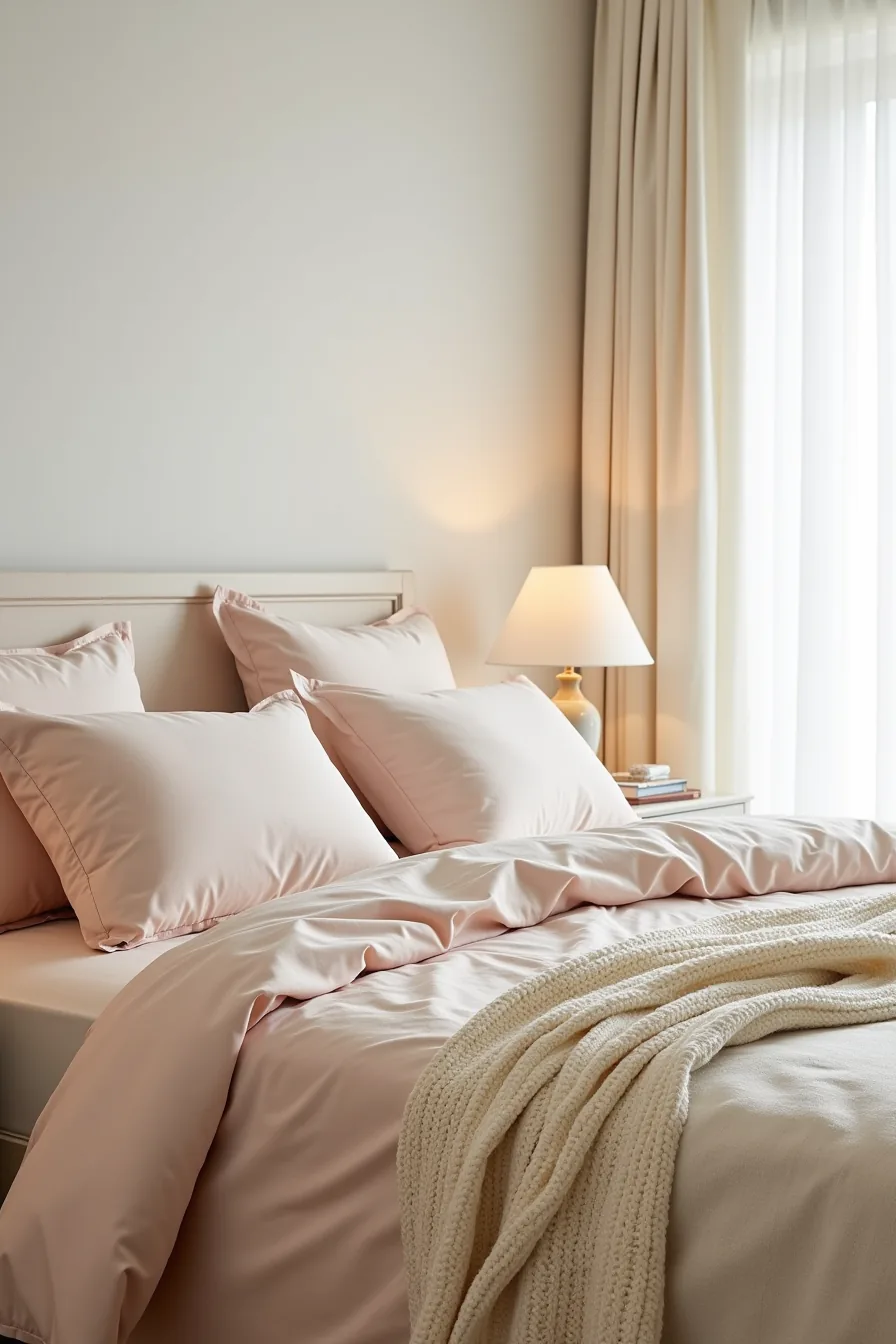 Overhead view of a bed with champagne sateen sheets, blush silk coverlet, cream knit throw, and four pillows in varied