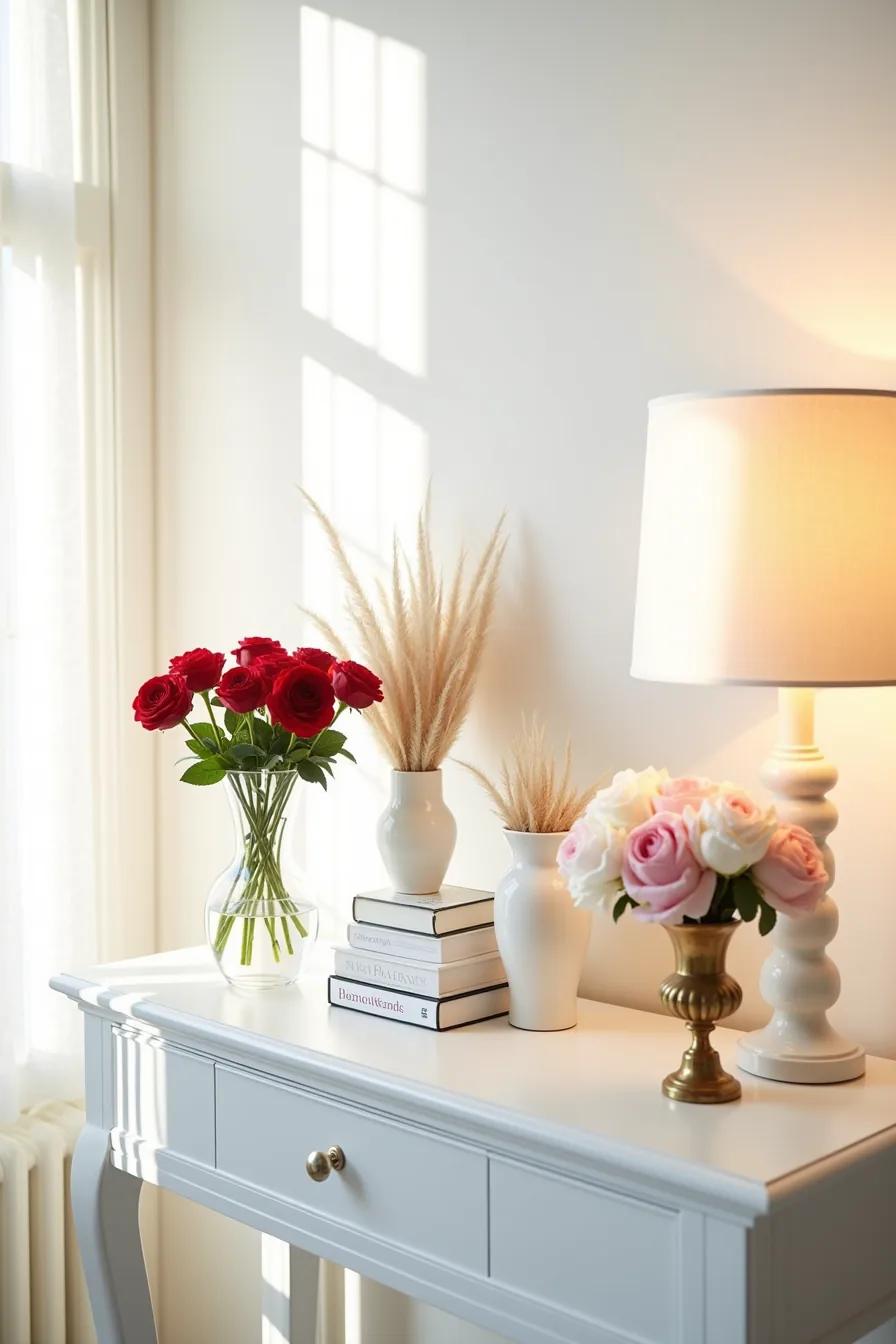 Three vases on a white console table hold fresh red roses, dried pampas grass, and silk peonies at different heights.