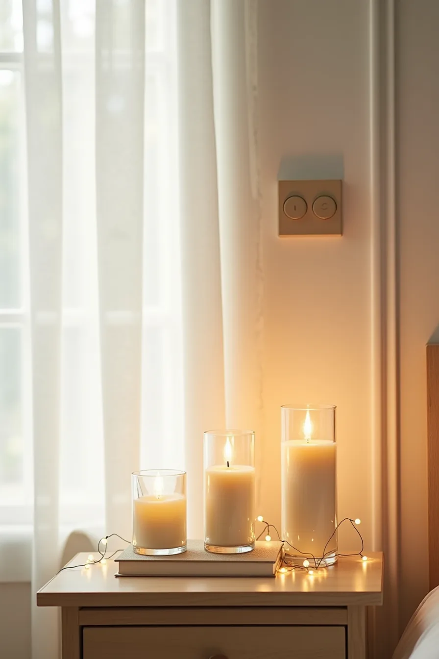Three flameless candles in glass holders with fairy lights draped behind them and a dimmer switch on the wall above.