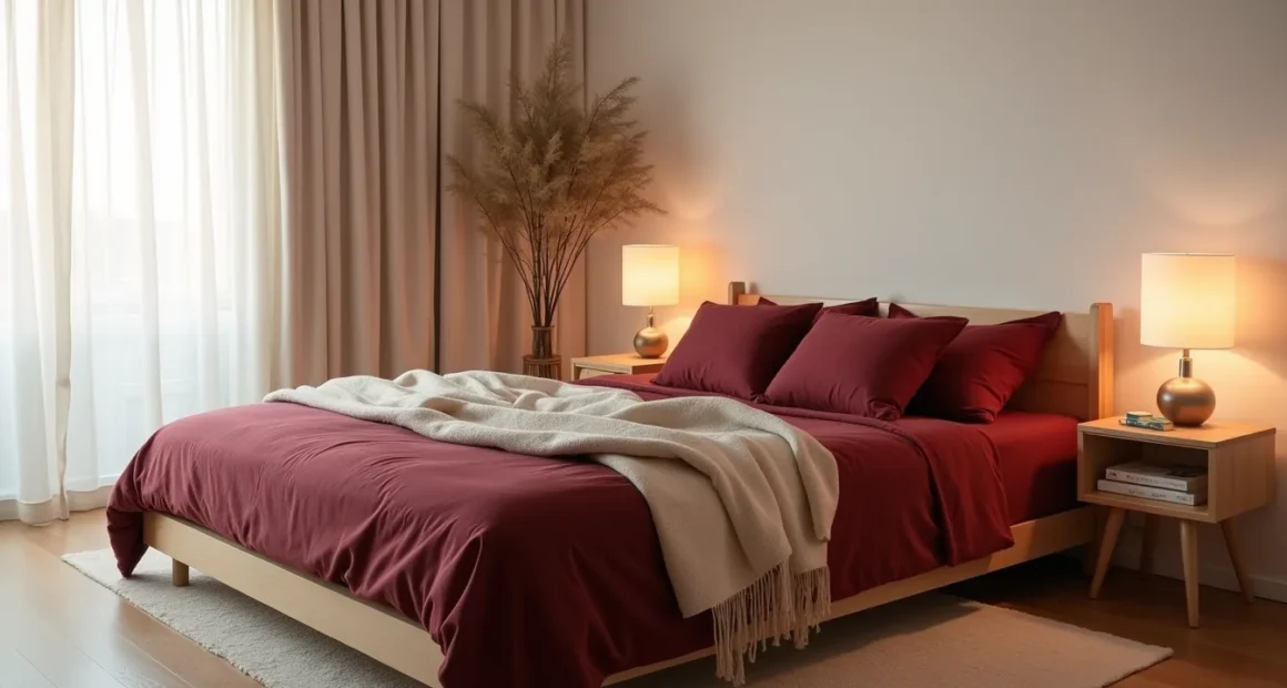 A platform bed with layered deep red, cream, and burgundy bedding bathed in warm dusk light from the left.