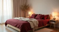 A platform bed with layered deep red, cream, and burgundy bedding bathed in warm dusk light from the left.