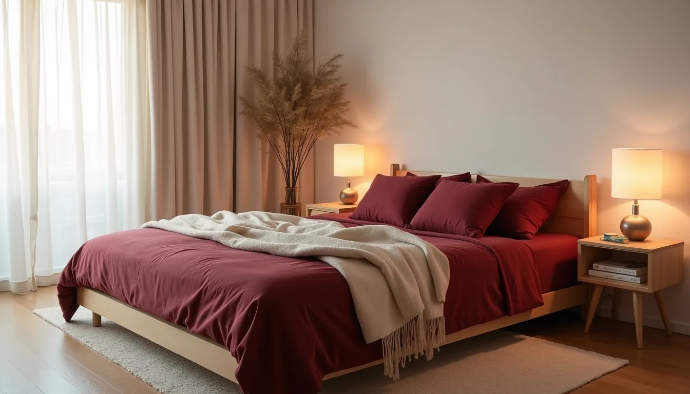 A platform bed with layered deep red, cream, and burgundy bedding bathed in warm dusk light from the left.