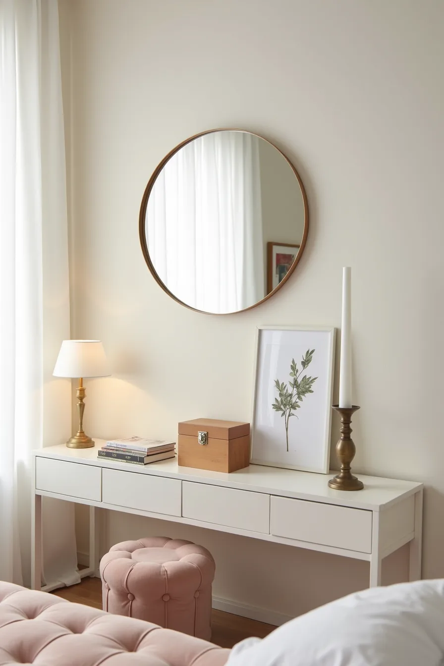 A round mirror hangs above a console table styled with a decorative box, botanical print, and brass candlestick, with a