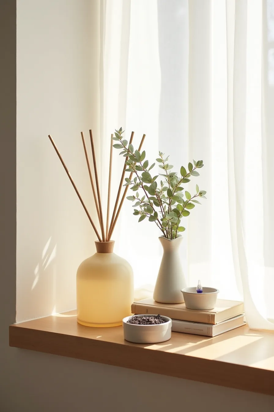 A shelf holds a frosted reed diffuser with mist, a ceramic candle, fresh eucalyptus stems, and dried lavender buds.