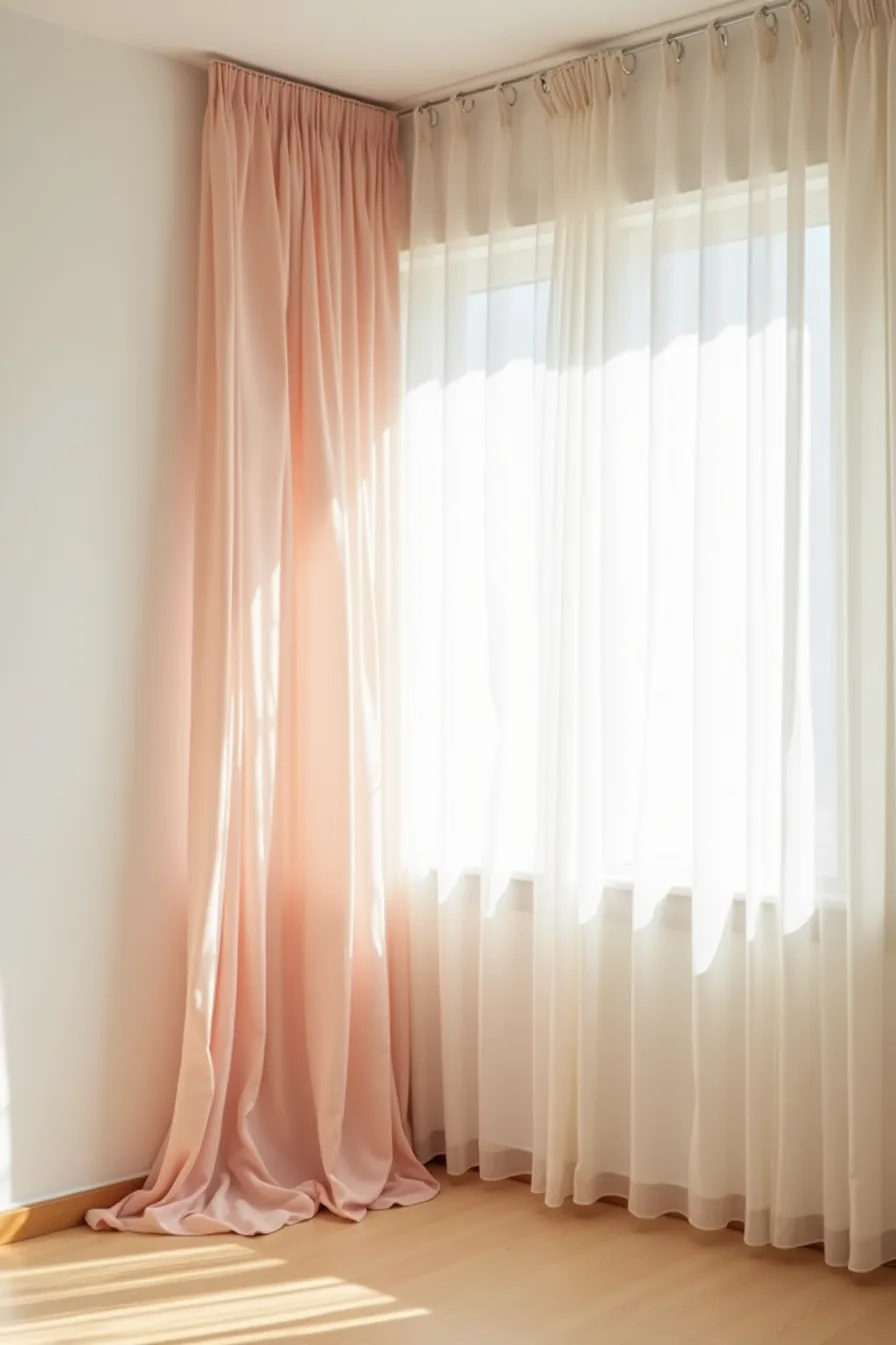Sheer blush-pink tulle cascades from ceiling hooks down a wall, layered with ivory curtains hung from a tension rod.