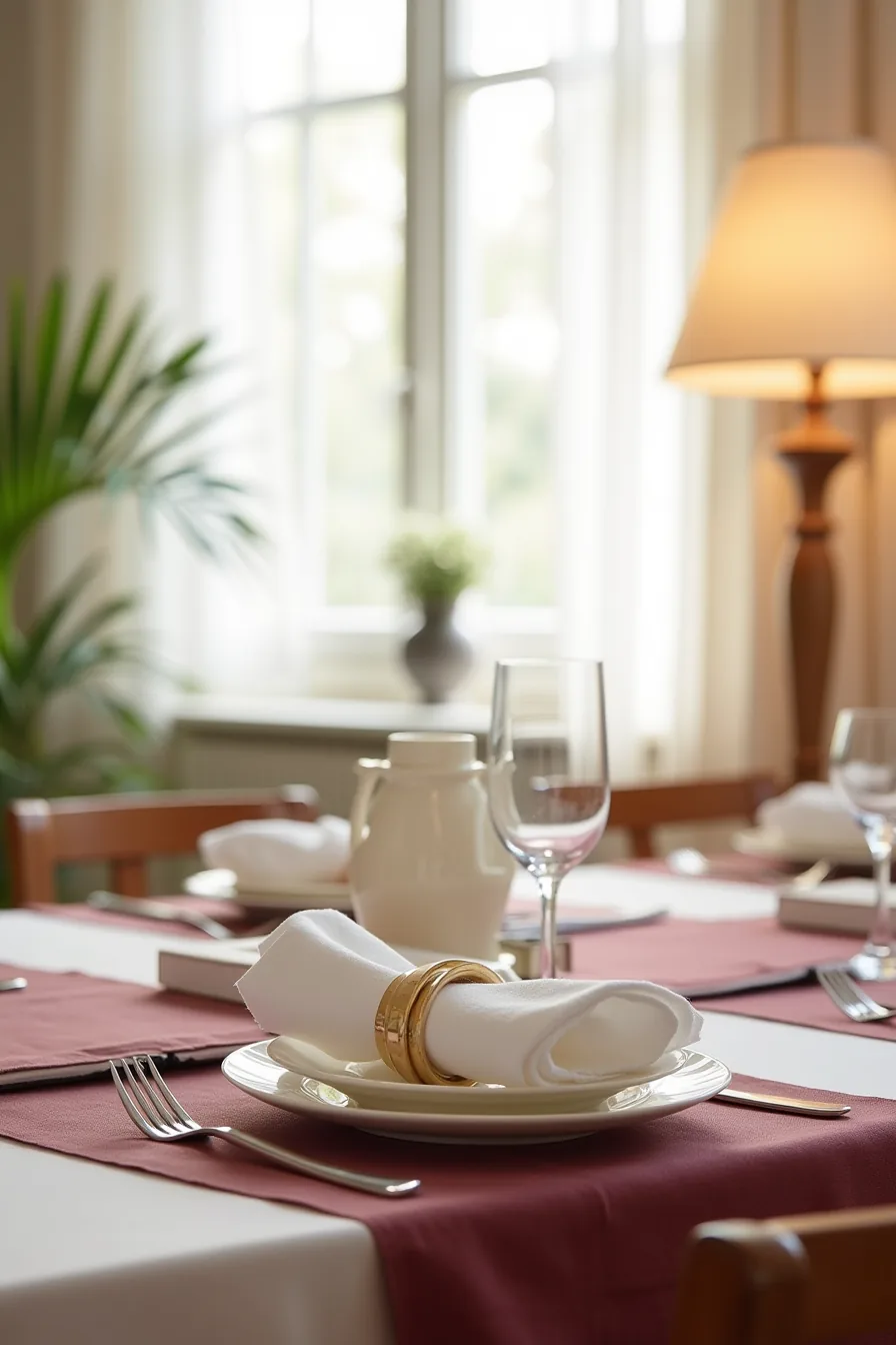 Formal place setting displays blush tablecloth, burgundy runner, charger plate, gold napkin ring, and silver cutlery for