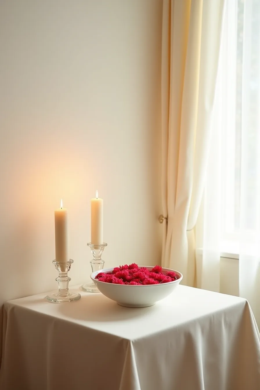 White ceramic bowl with floating red carnations sits between two taper candles in clear holders on a table corner.