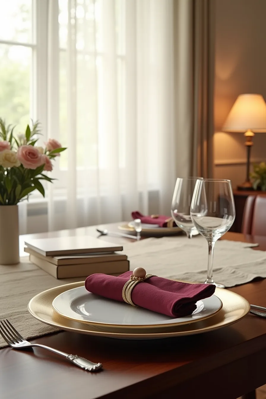 Formal place setting on dark wood features a gold-trimmed ceramic charger, burgundy napkin, weighted cutlery, and crystal