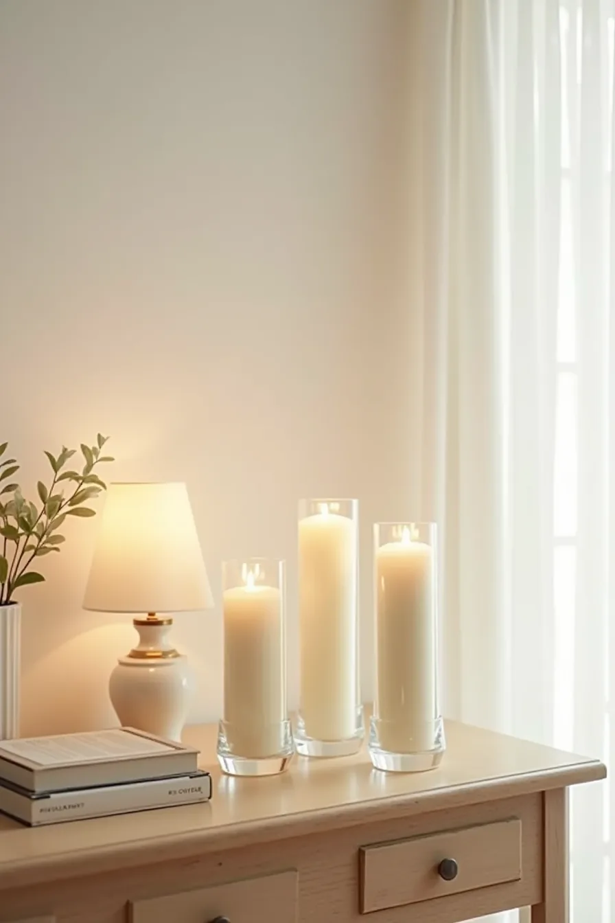 Five pillar candles in clear glass holders arranged by height on a console table against a plain wall.