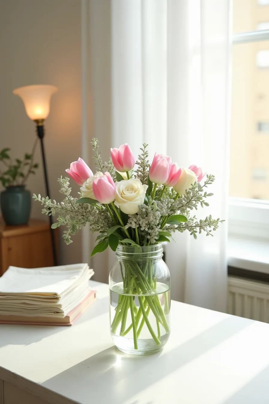 Wide-mouth glass jar holds pink tulips, white spray roses, eucalyptus, and greenery beside folded napkins on a white wooden