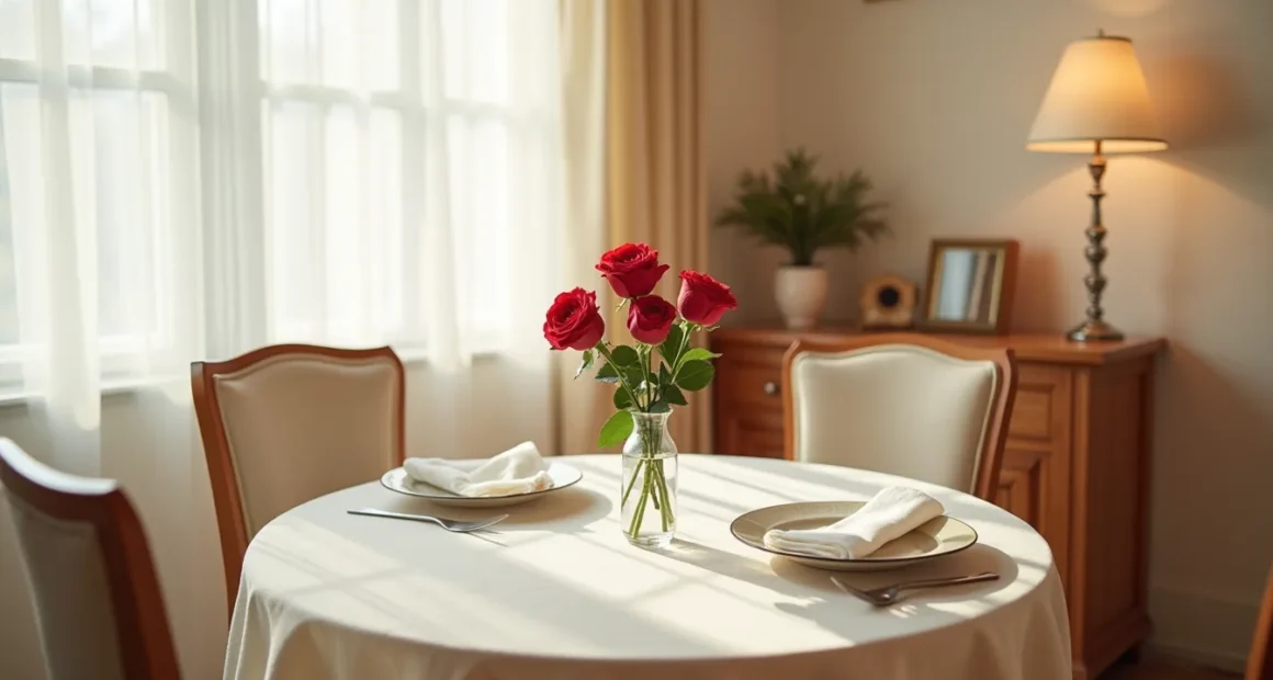 Round table for two features a tall glass vase with three red roses, vintage plates, and white napkins under soft side