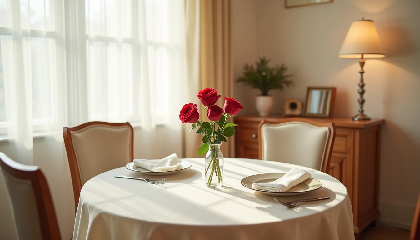 Round table for two features a tall glass vase with three red roses, vintage plates, and white napkins under soft side