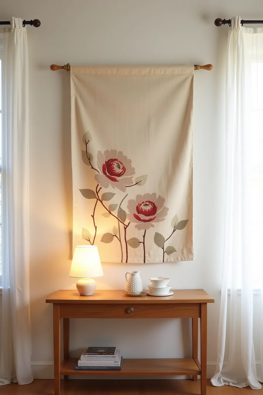 A linen tapestry with embroidered roses hangs from a wooden dowel rod above a console table holding a ceramic vase.