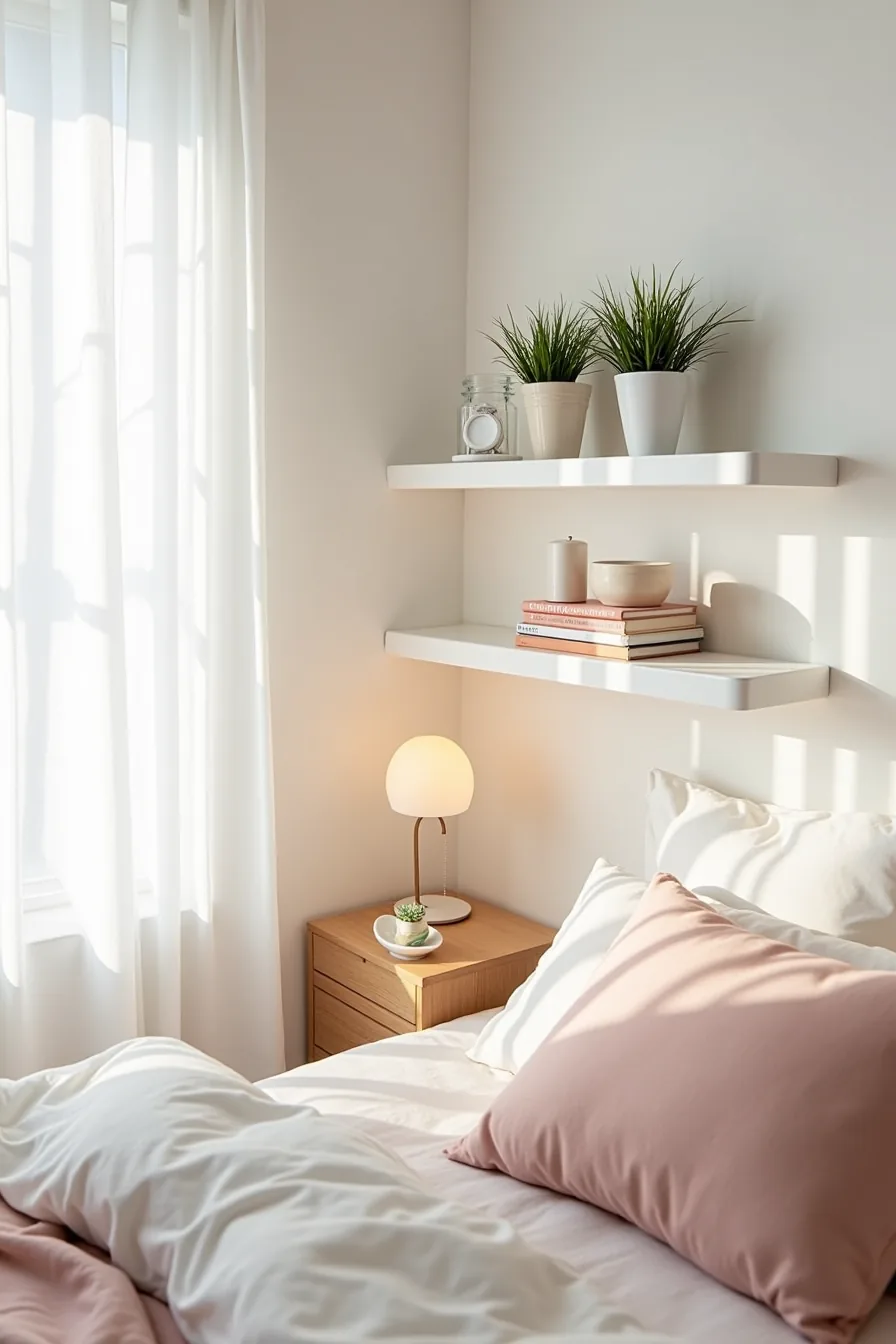 Two white floating shelves hold potted plants, candleholders, a ceramic heart dish, books, a mirror, and folded textiles in