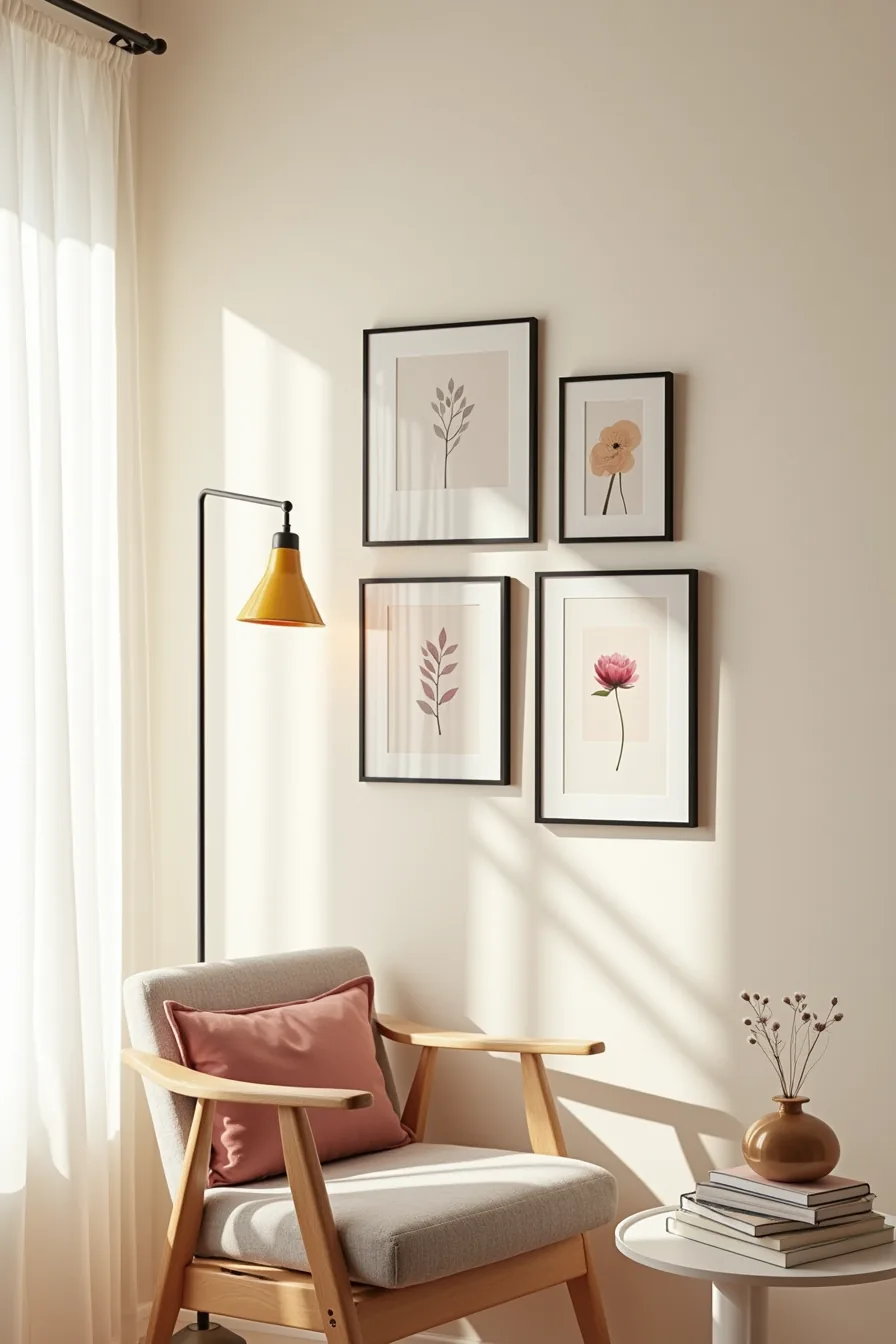 Five mixed-finish frames arranged asymmetrically display botanical prints and abstract artwork in rose and burgundy tones on