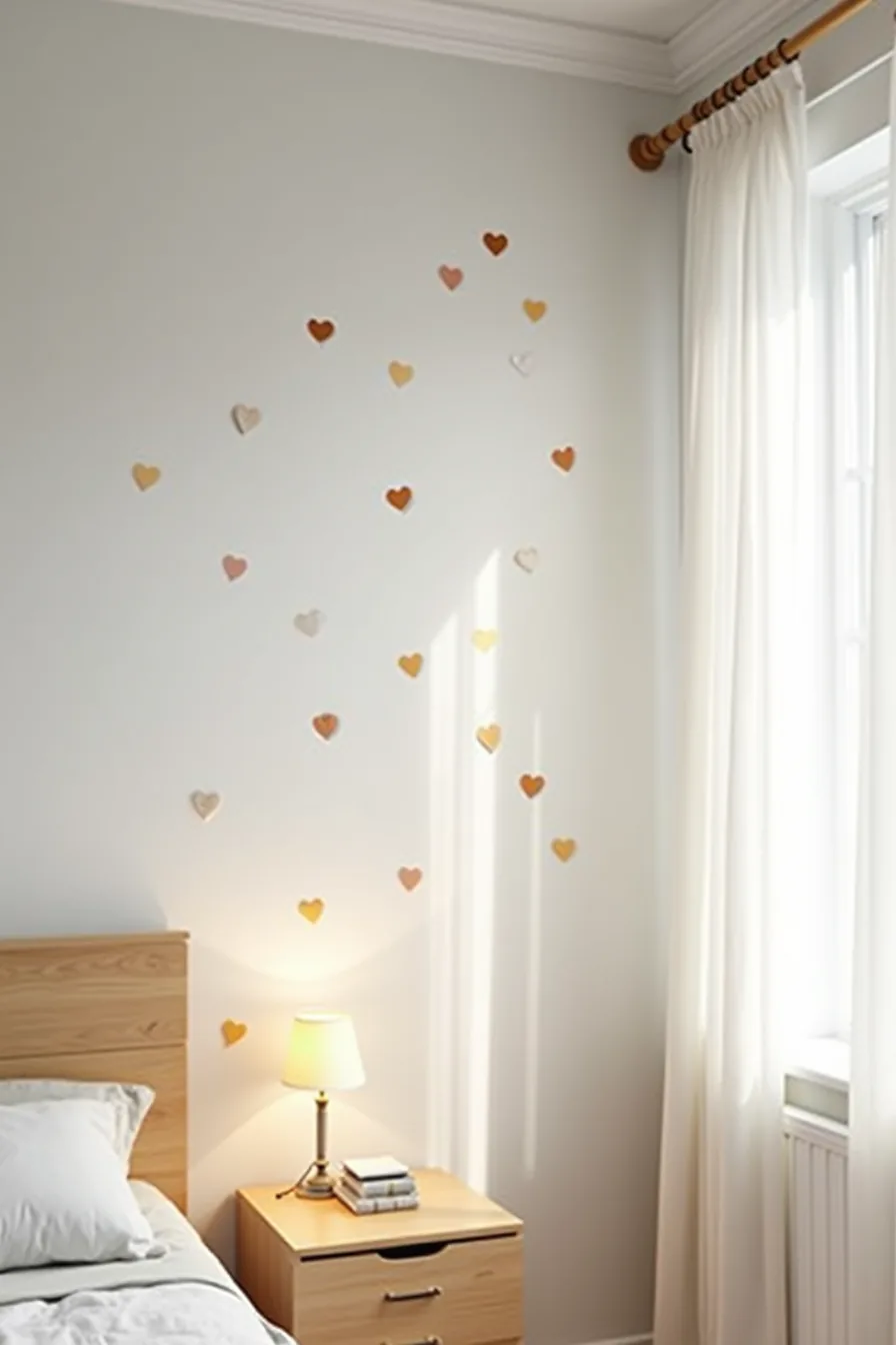 Scattered heart decals of varying sizes in a vertical pattern decorate a pale gray bedroom wall beside a tension rod with