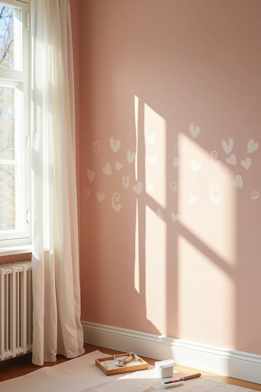 A dusty rose wall features stenciled cream-colored hearts and scrollwork near the baseboard with stenciling tools and paint