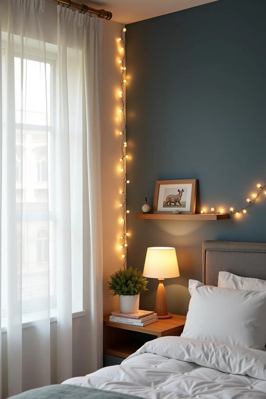 Warm white string lights loop across a navy wall and are anchored with brass hooks above a wooden shelf with a potted plant