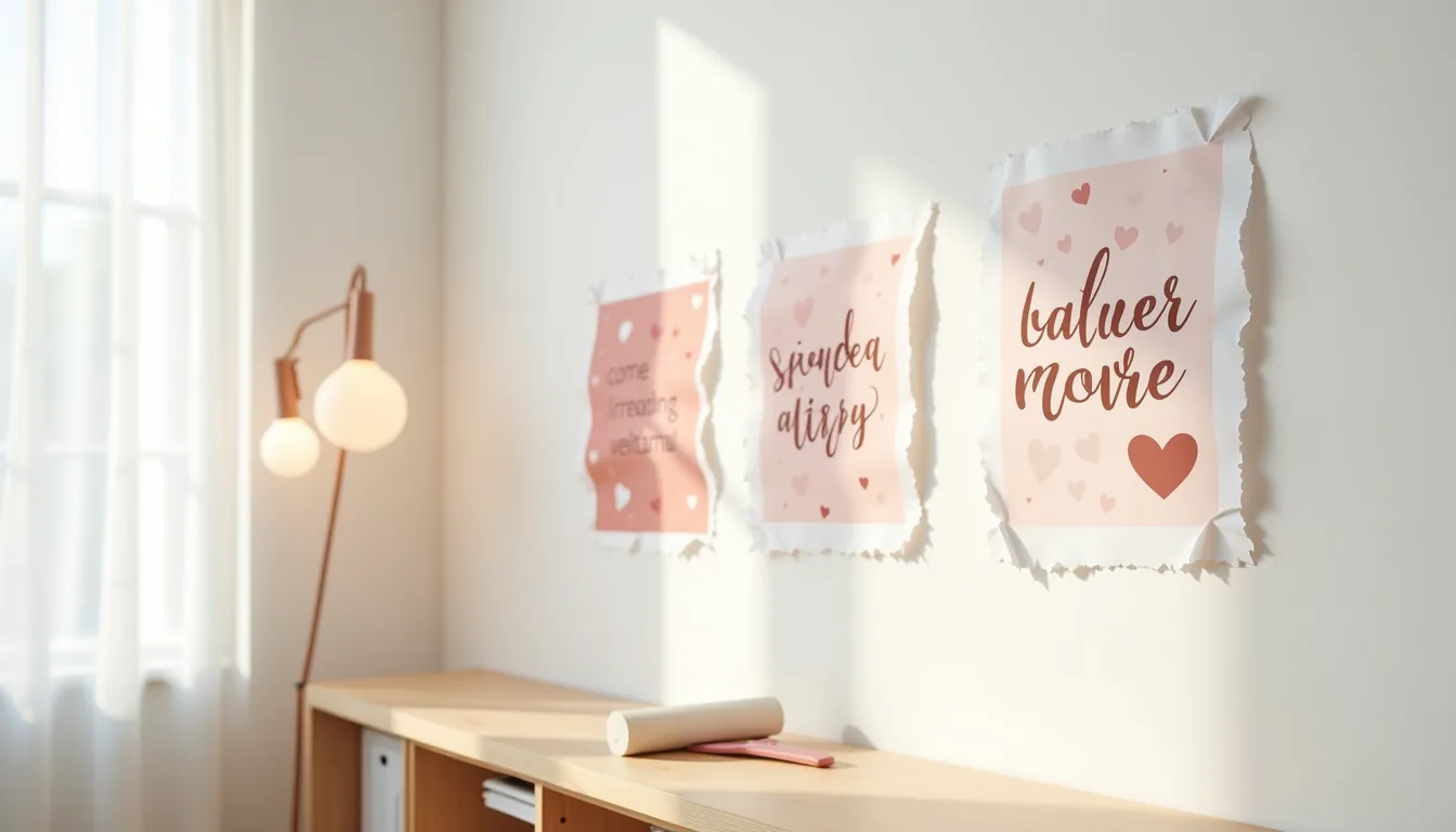 Three vinyl decal sheets with hearts and patterns in rose gold, blush, and burgundy are partially peeled back on a white
