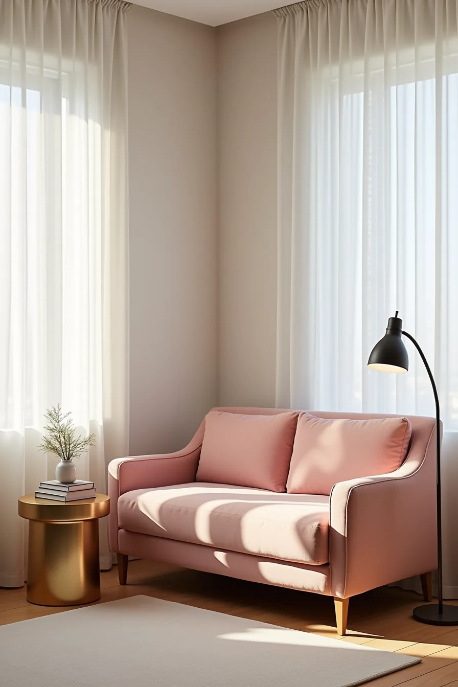 Blush velvet settee in bedroom corner with brushed gold side table and area rug creating open floor space.