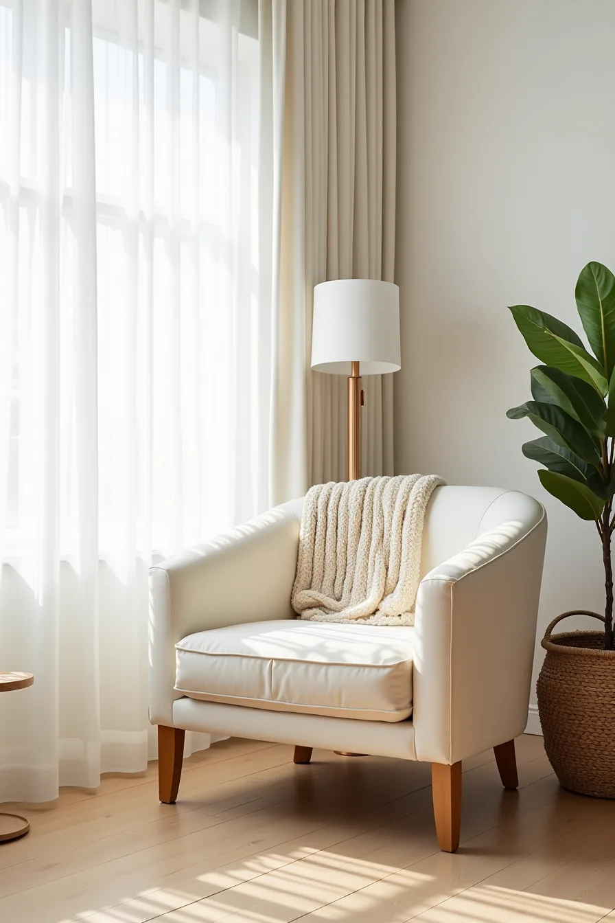 Cream velvet barrel chair in corner with rattan basket, knit blanket, and fiddle leaf fig plant nearby.