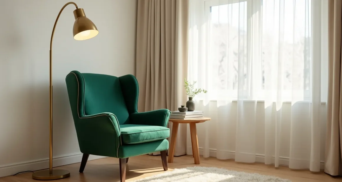 Emerald velvet wingback chair in a sunlit corner with brass floor lamp and ceramic vessel on a side table.