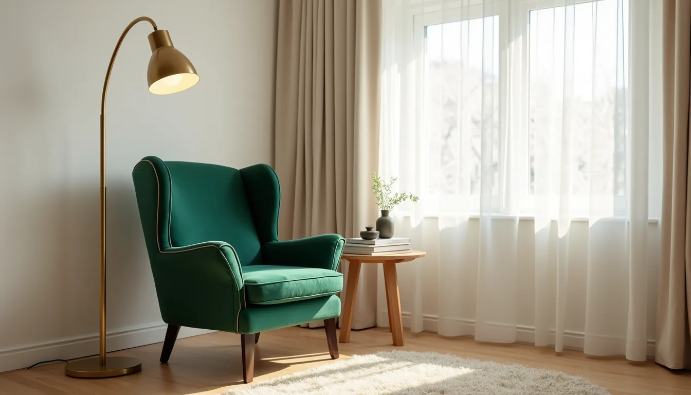 Emerald velvet wingback chair in a sunlit corner with brass floor lamp and ceramic vessel on a side table.