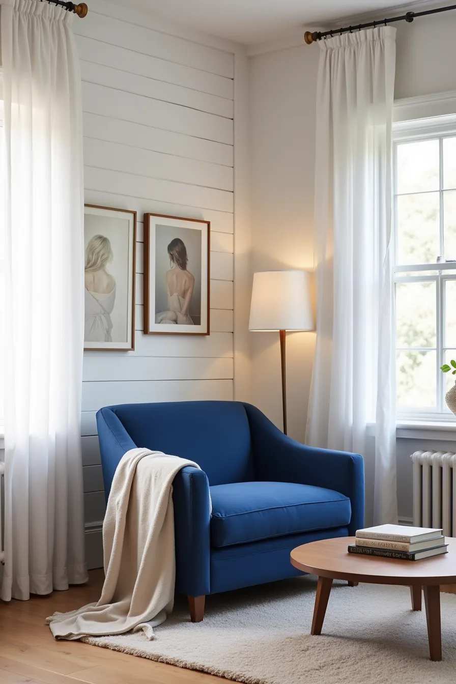 Sapphire blue velvet club chair against shiplap wall with abstract art, walnut table, and linen throw.