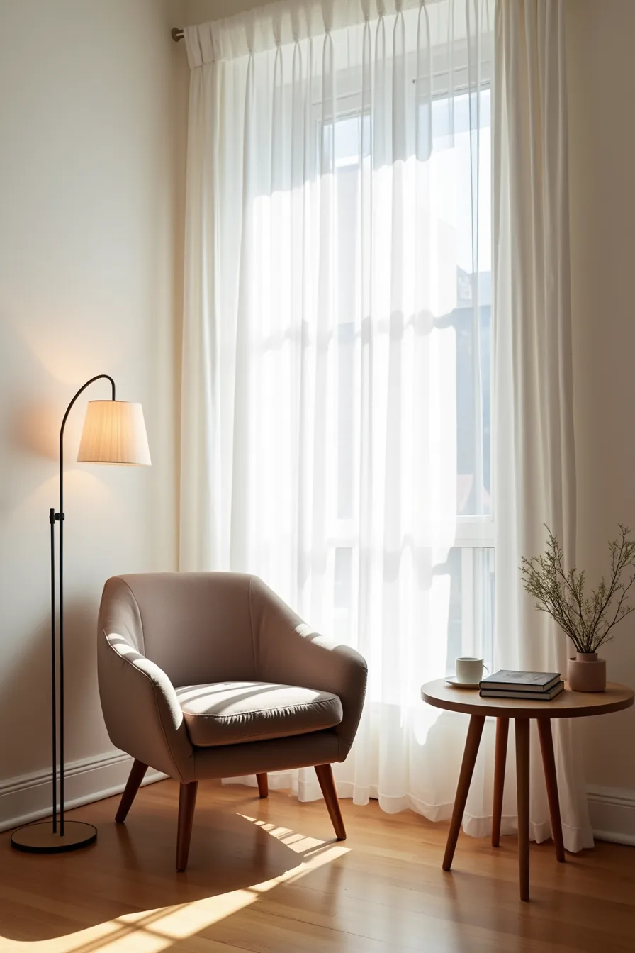 Taupe velvet accent chair with wooden legs beside console table in sparsely furnished studio corner.