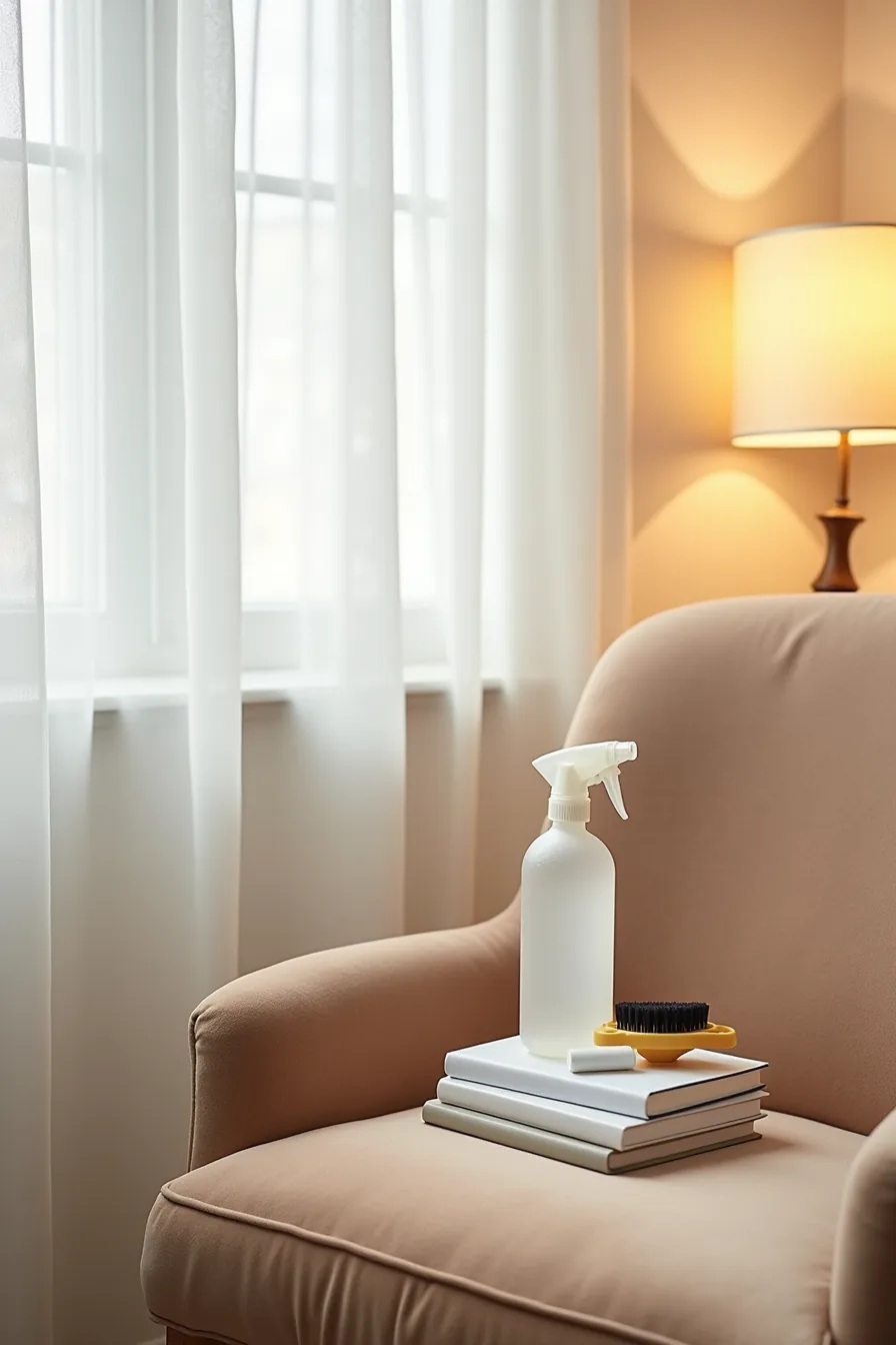 Velvet upholstery texture with cleaning supplies including brush, lint roller, and water spray bottle on seat.