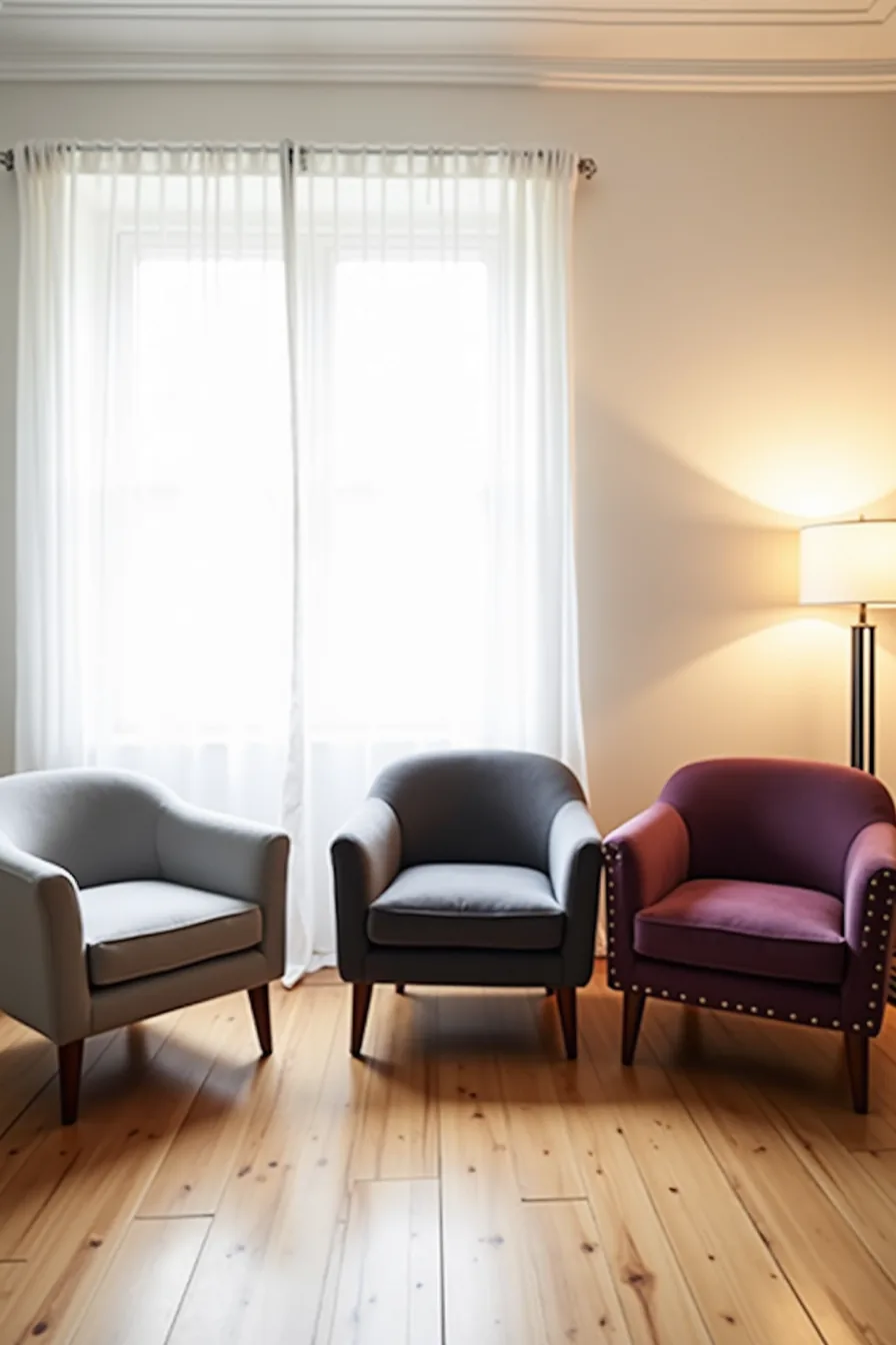 Three velvet accent chairs displayed side by side showing gray budget, charcoal slipcover, and plum nailhead styles.