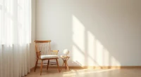Tapered-leg spindle-back chair in a corner with morning shadows cast on the wall and a side table nearby.
