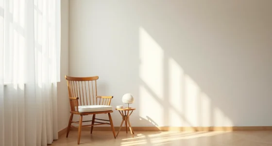 Tapered-leg spindle-back chair in a corner with morning shadows cast on the wall and a side table nearby.