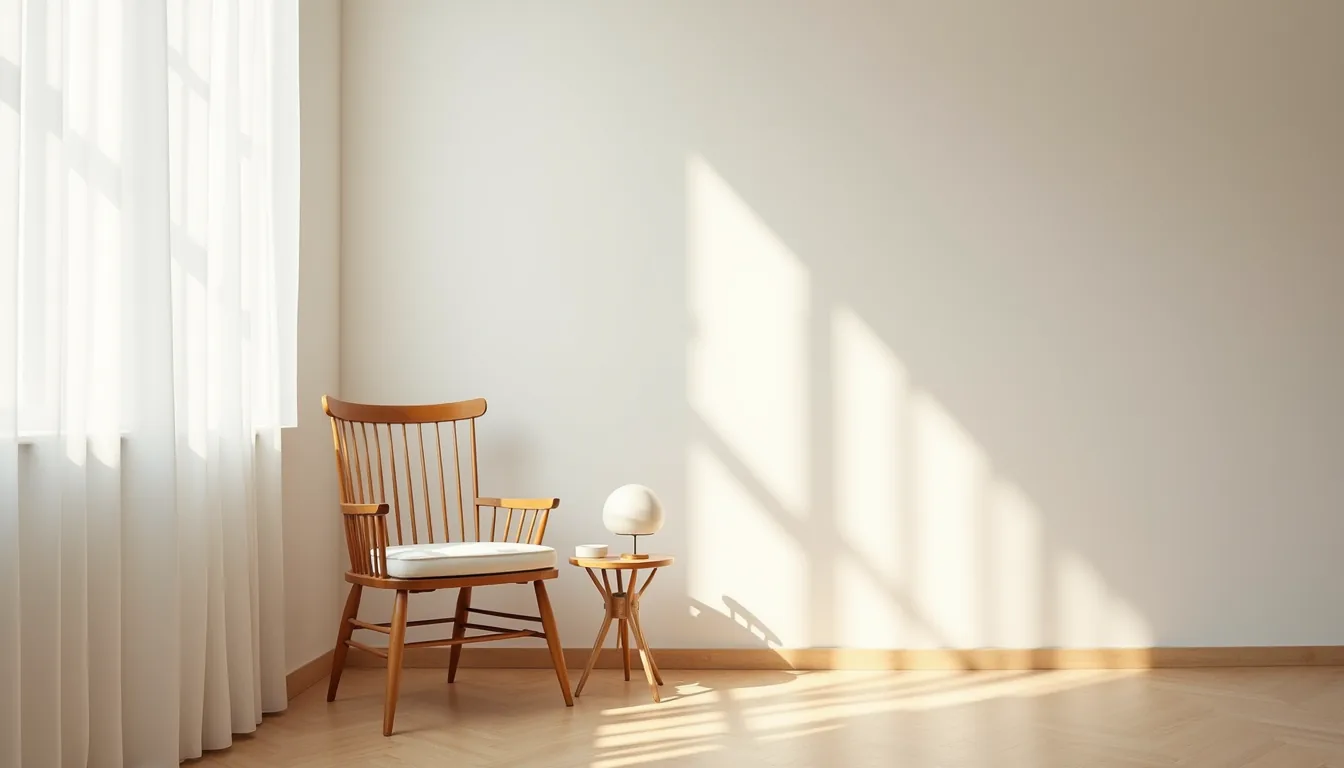 Tapered-leg spindle-back chair in a corner with morning shadows cast on the wall and a side table nearby.