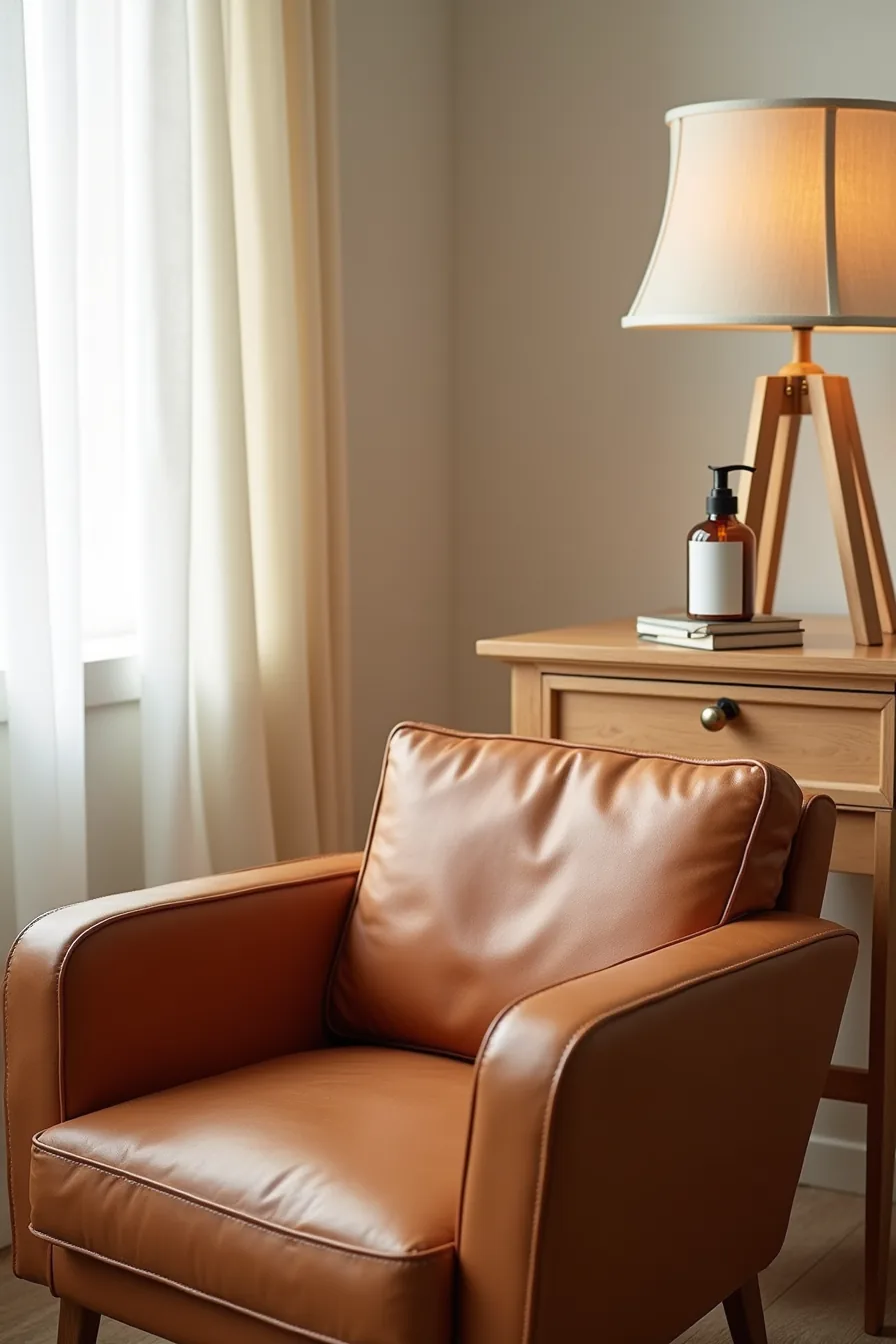 Leather chair seat and arm with patina creases and a conditioner bottle positioned beside it in warm lighting.