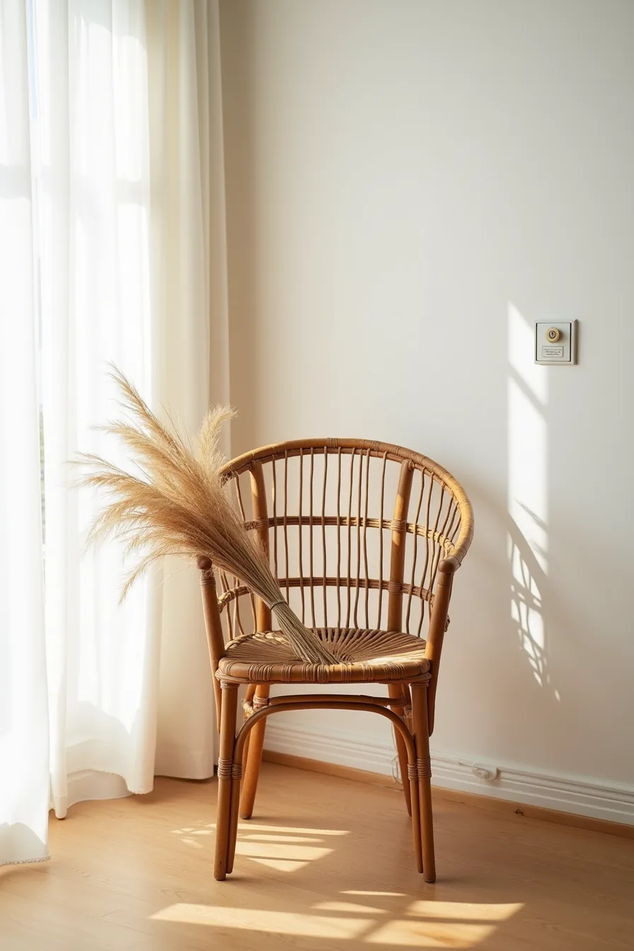 Natural tan rattan chair with visible weave pattern and dried grass bundle resting on the uncushioned seat.