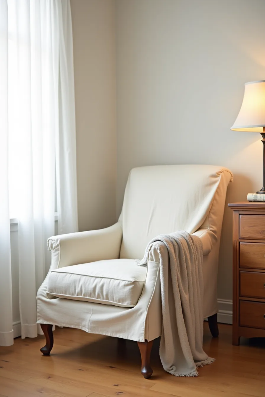 Vintage chair dressed with a linen slip cover and throw blanket draped over the arm on a hardwood floor.