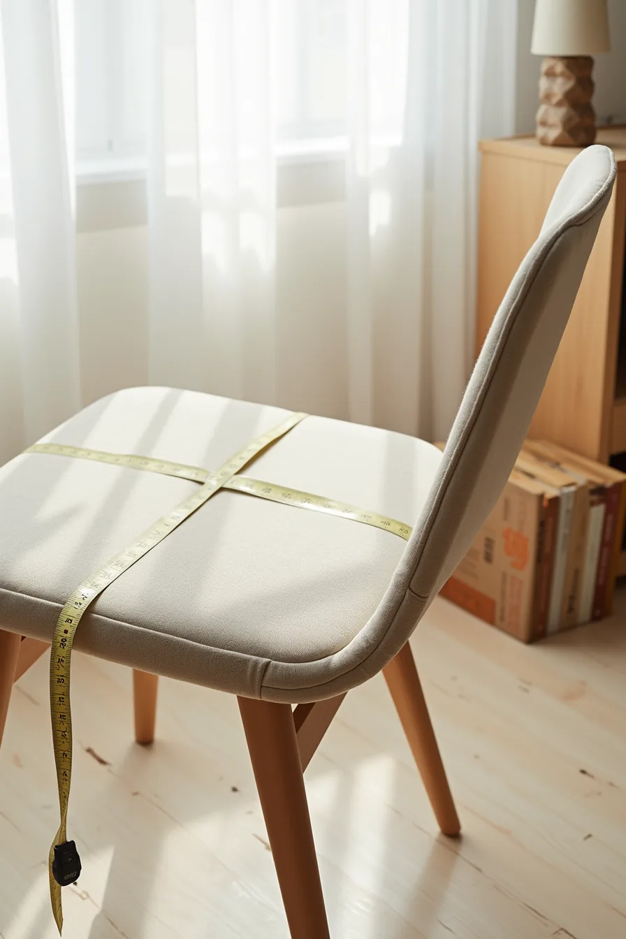 Overhead view of a chair with splayed wooden legs, tape measure across the seat, and visible wood joinery.