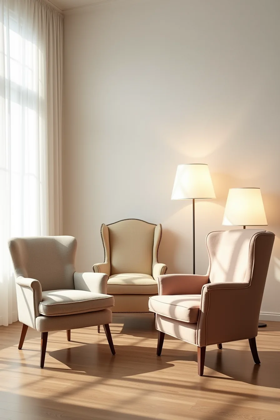 Three vintage chairs—mid-century, wingback, and barrel-back—arranged together with coordinated upholstery on a wooden floor.