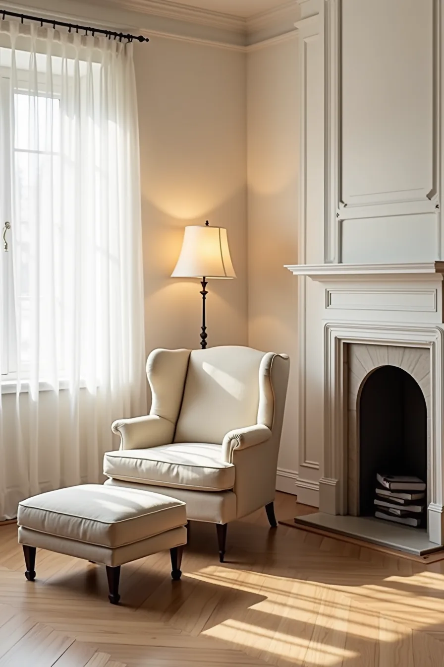 Wingback chair with rolled arms and ottoman in front of a fireplace wall with visible architectural molding.