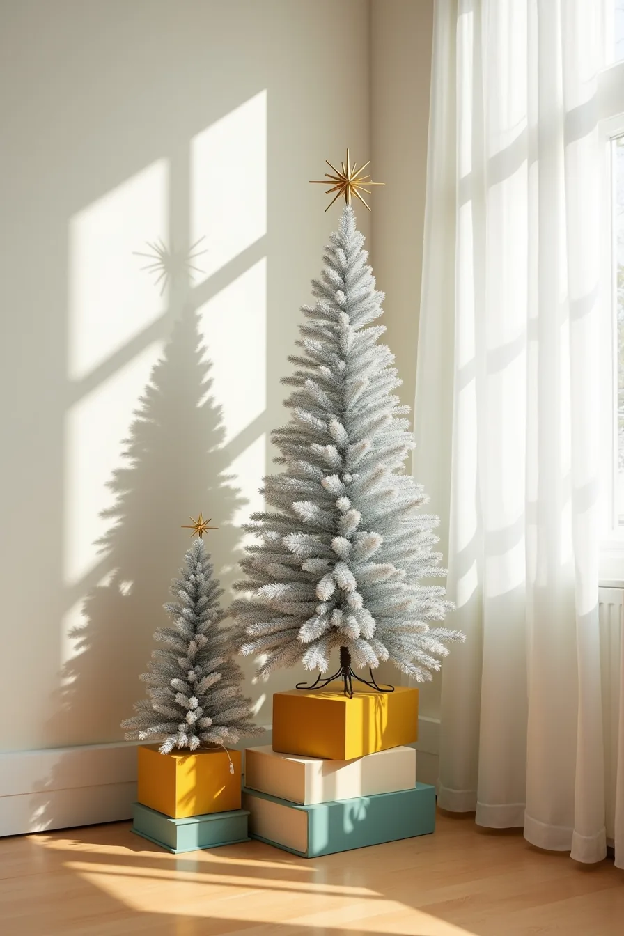 Aluminum tinsel tree with starburst topper surrounded by stacked geometric wood blocks in mustard, teal, and cream on an