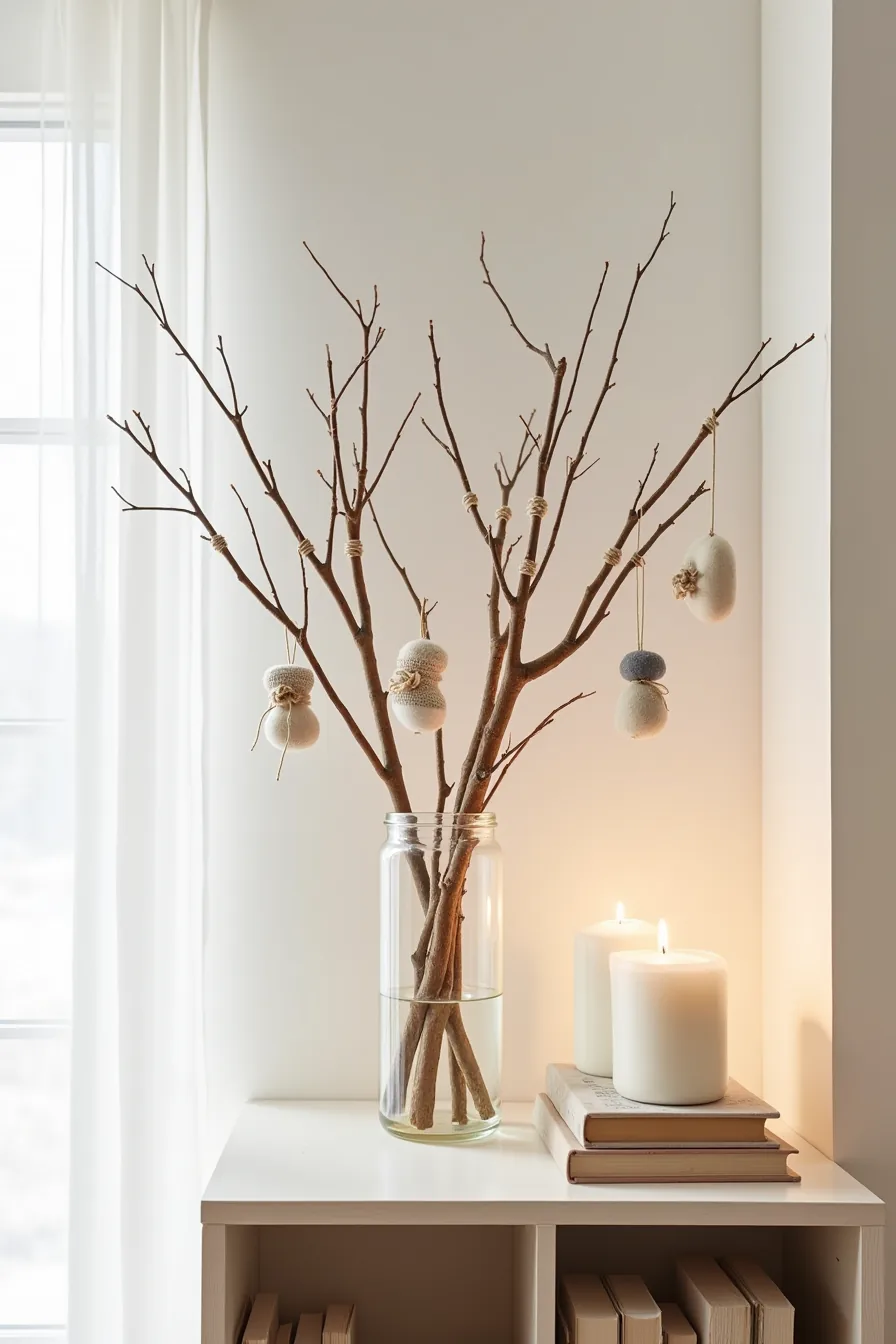 Clear glass vase holding wooden branches, white pillar candles, jute twine, and cream and grey wool felt ornaments on a