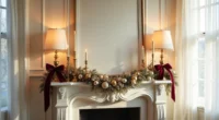 Ornate mantelpiece with brass candlesticks, mercury glass baubles, burgundy ribbon, and pearl garland draped asymmetrically