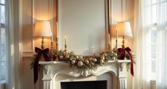 Ornate mantelpiece with brass candlesticks, mercury glass baubles, burgundy ribbon, and pearl garland draped asymmetrically