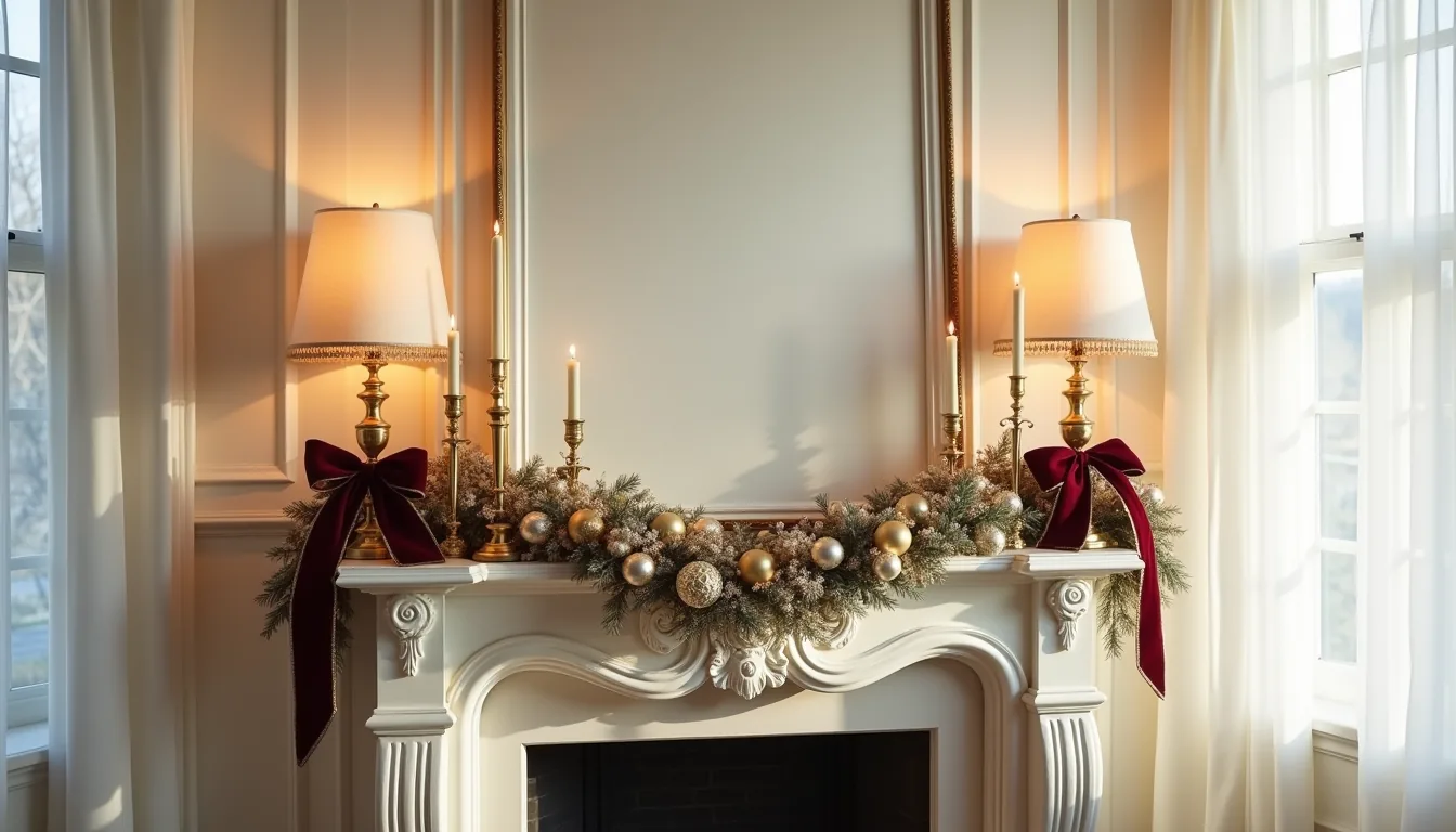 Ornate mantelpiece with brass candlesticks, mercury glass baubles, burgundy ribbon, and pearl garland draped asymmetrically