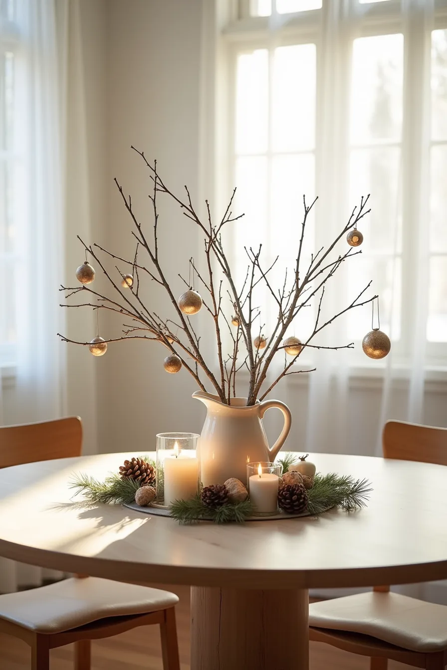 Dining table centerpiece with birch branches in ceramic pitcher, vintage ornaments, pillar candles, and pinecones.