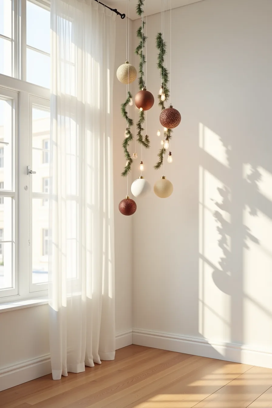 Ornaments in cream, burgundy, and bronze hung at different heights on white drywall with garland swags between them.