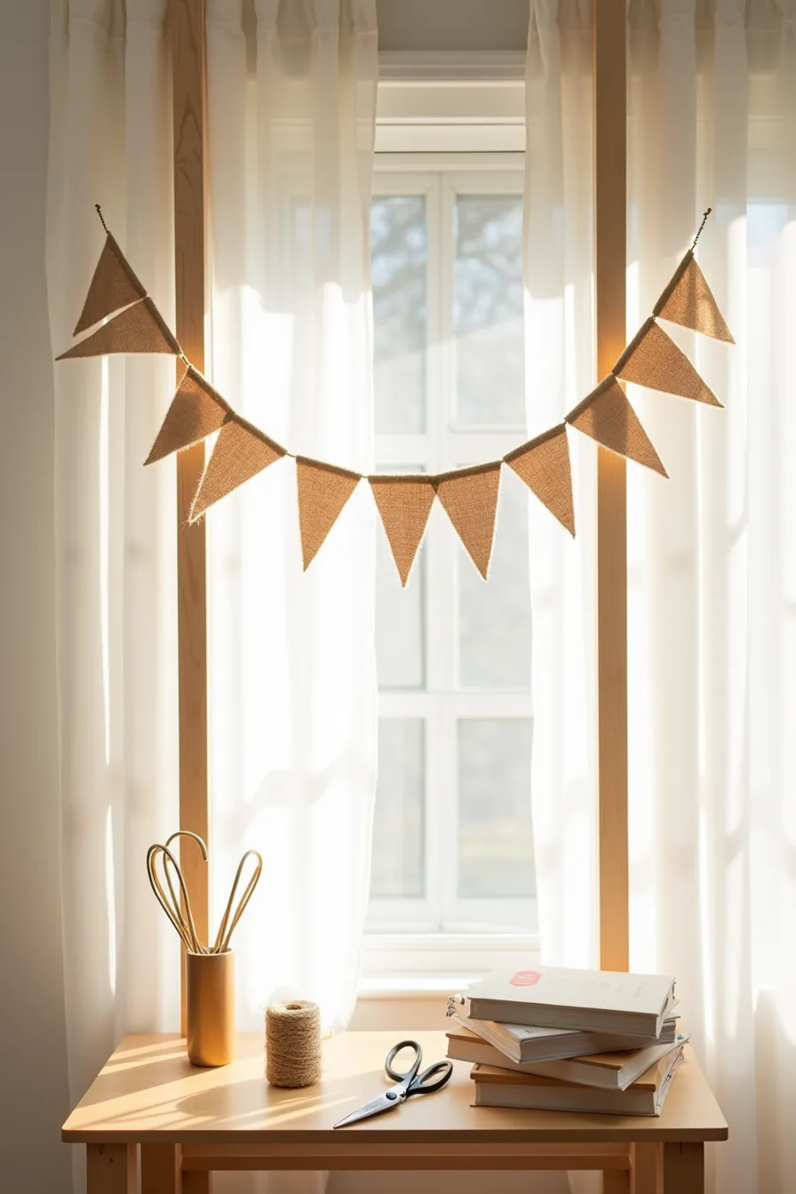 Hand-sewn kraft paper and burlap garland with triangles and fabric strips hanging between wooden posts, twine spool and