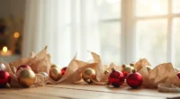 Flat lay of red, gold, and clear glass ornaments with kraft paper garland, twine spool, adhesive dots, and measuring tape on