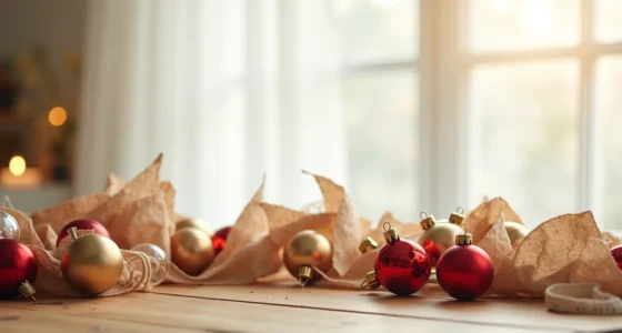 Flat lay of red, gold, and clear glass ornaments with kraft paper garland, twine spool, adhesive dots, and measuring tape on